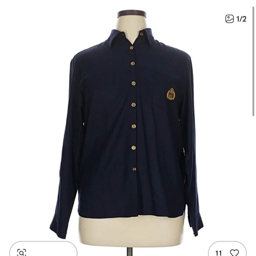 Ralph Lauren Dark Blue Women's Blouse with Gold Accents